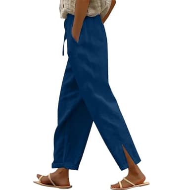 Log into My Account temu com My The+Orders delivery Promo Code peime Linen Pants for Women 2025 Summer Elastic High Waist Split Hem Pants Casual Loose Fit Drawstring Trousers with Pocket Blue-b Small