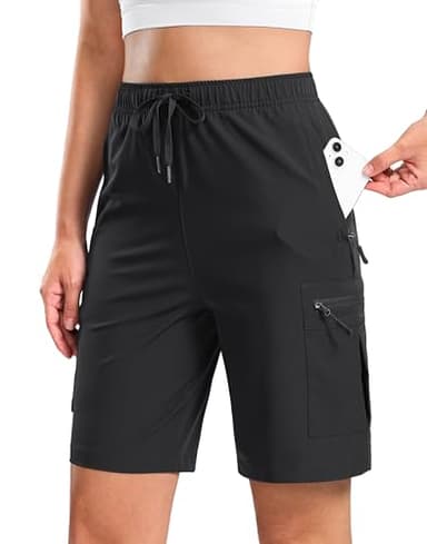 SANTINY Women's 7"/9" Lightweight Hiking Cargo Shorts with 5 Zipper Pockets Quick Dry Summer Long Travel Golf Short for Women (Black_L)