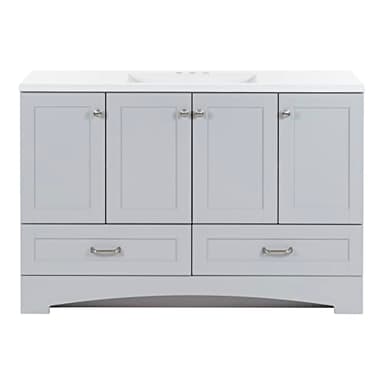 Spring Mill Cabinets Emlyn 48 Inch Bathroom Vanity with White Single-Sink Top, 3 Cabinets, 2 Shelves, 2 Drawers, 48.5" W x 18.75" D x 32.89" H, Pearl Gray