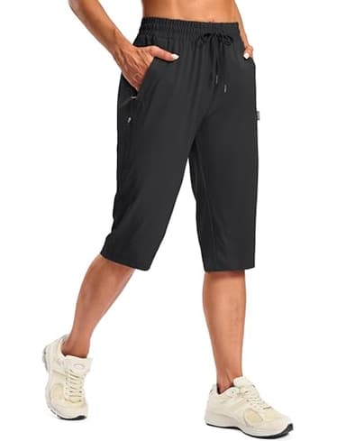 SANTINY Women's 13''/ 15"/ 17'' Long Hiking Shorts with Zipper Pockets Lightweight Quick Dry Below The Knee Capris for Women (Black_XL)