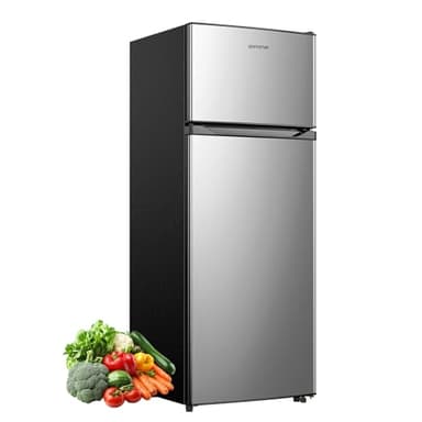 Upstreman 7.7 Cu.Ft. Refrigerator with Freezer, Double Door, Adjustable Thermostat, Large Capacity, Reversible Door Swing, Refrigerator for Apartment, Office, Dorm, Stainless (BD75)
