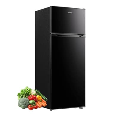 Upstreman 7.7 Cu.Ft. Refrigerator with Freezer, Double Door Fridge, Adjustable Thermostat, Large Capacity, Reversible Door Swing, Refrigerator for Apartment, Office, Dorm, Black（BD75）
