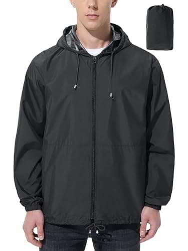 UIQUR Mens Rain Jacket Raincoat Windbreaker Running Waterproof Lightweight Packable with Hood Travel Hiking Cycling Black L