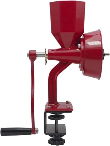 WONDERMILL Junior Deluxe Grain Mill for Flour, Hand Crank Wheat Mill for Grains, Nuts, Seeds, Oily Foods & Spices, Grain Grinder with Stone and Stainless Steel Burrs (Red)