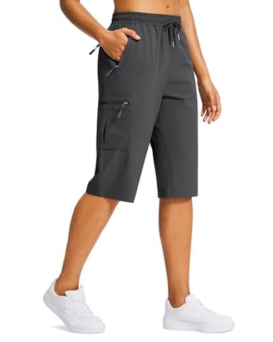 SANTINY 15" Long Shorts for Women Hiking Cargo Bermuda Shorts with 5 Zipper Pockets Lightweight Quick Dry Knee Length Capris (Dark Grey_L)