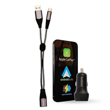 Car and Driver Dash-Sync Car Charger Kit, Dual USB-C and USB-A Cable and 12V Adapter, Fast-Charging Terminal, Compatible with Apple CarPlay and Android Auto