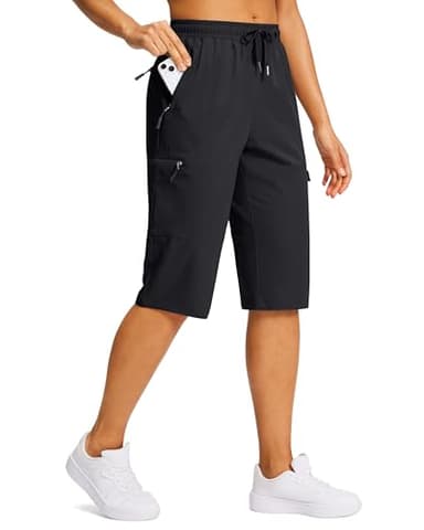 SANTINY 15" Long Shorts for Women Hiking Cargo Bermuda Shorts with 5 Zipper Pockets Lightweight Quick Dry Knee Length Capris (Black_L)
