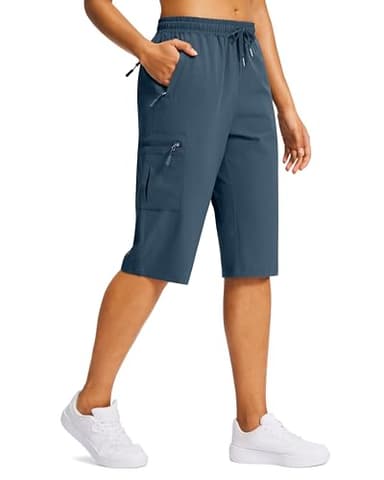 SANTINY 15" Long Shorts for Women Hiking Cargo Bermuda Shorts with 5 Zipper Pockets Lightweight Quick Dry Knee Length Capris (Tibetan Blue_M)