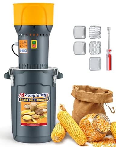 Moongiantgo Grain Mill Grinder Electric Corn Grinder 1300W Feed Mill Dry Cereals Grinder Detachable 6.6 Gal Bucket & Hopper, with 5 Sieves + 1 Socket Wrench, Molino de Maiz, 110V (25L)
