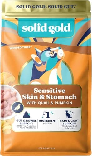 Solid Gold Sensitive Stomach Dry Cat Food - Grain Free Gluten Free Sensitive Stomach Cat Food for Indoor Adult/Senior Cats - Dry Kibble for Cats w/Quail - Probiotics for Gut Health - 6lb