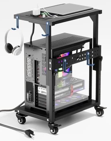 ZUAVIALA Computer Tower Stand with Power Outlet, 6 Level Height Ajustable PC Tower Stand for Floor, Mobile Rolling CPU Holder Cart for Gaming, Office, Home, 21.34"-28.3", Black