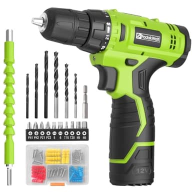 FADAKWALT Cordless Drill Set,12V Power Drill Set with Battery and Charger, Electric Driver/Drill Bits, 3/8'' Keyless Chuck,21+1 Torque Setting, 180 inch-lbs, with LED Electric Drill Set (Green)