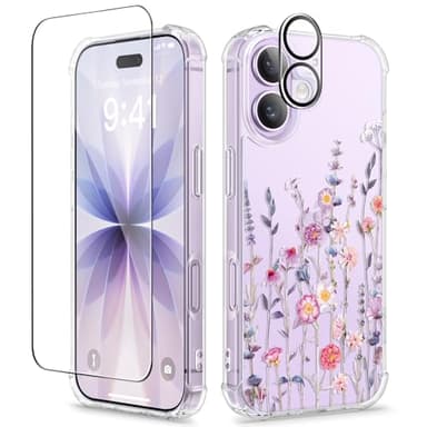 GVIEWIN for iPhone 17 Case, with Screen Protector+Camera Lens Protector, [NonYellowing] Clear Floral Slim Shockproof Protective Hard PC Back Women Phone Case for iPhone 17 6.3", Floratopia/Colorful