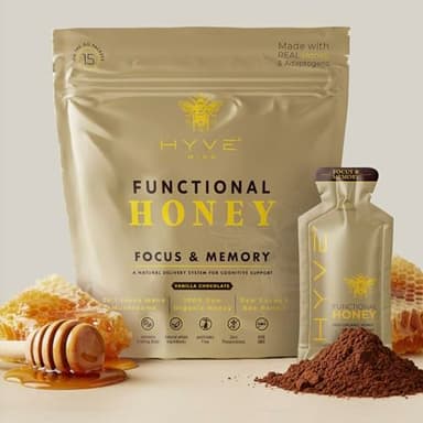 HYVE Mind Functional Honey – Focus & Memory Organic Honey with Lion's Mane Mushrooms, Raw Cacao, Bee Pollen & L-Theanine – Cognitive Support, 15 Packets