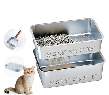 TOPOmerice Stainless Steel Cat XL Litter Box with Sifting Tray, Double Layer Metal Litter Box for Pine Pellets, 23.6" × 15.7" × 8" High Sided Kitty Litter Box for Cats, Easy to Clean, No Odor