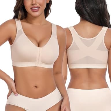 HACI Women's Front Closure Posture Bra Full Coverage Back Support Wireless Comfy Unpadded(Beige,42C)