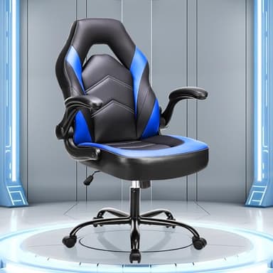 OLIXIS Computer Gaming Chair - PU Leather Ergonomic Lumbar Support with Flip-up Armrest and 360° Swivel Wheels, Height Adjustable Task Home Office Desk Video Racing, Black and Blue