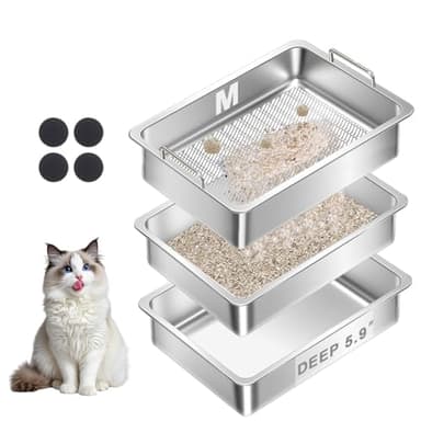 Ixaro Stainless Steel Sifting Cat Litter Box for Clumping Clay Litter with Two Interchangeable Bottom Pans, Large Metal Litter Box with High-Speed Sifting System, Odor Control (17.7"x13.7"x5.9")