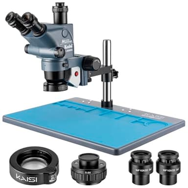 Kaisi Trinocular Stereo Microscope for Professional Repairer Soldering,6.5X-65X Magnification and Adjustable WF10x22 Eyepieces,Extra Large Silicone Working Table,Retractable Stand Zoom Microscope