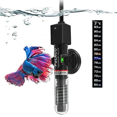PULACO 25Watt Mini Aquarium Submersible Betta Heater with Free Thermometer Strip for 1-6 Gallon Fish Tanks (Preset Temperature 78℉)