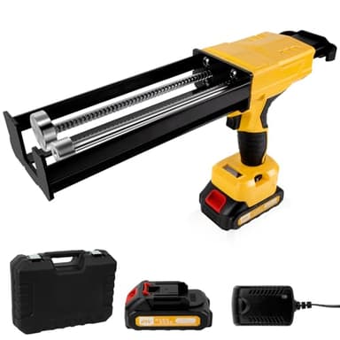 Electric Cordless Caulking Gun Dripless Double Cartridge Adhesive Epoxy Gun for 400mL/13.5fl oz(2:1 Mix Ratio) Automatic Power Dual Component Professional Caulk Gun 6 Speeds with LED Light 2 Batteries