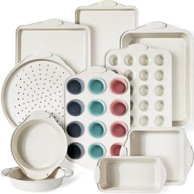 Kikcoin 22 PCS Nonstick Baking Pans Set, Stackable Bakeware Sets with Silicone Handles, 450°F Oven Safe Baking Sheet Set, Easy Release Cookie Sheets for Baking, Cream