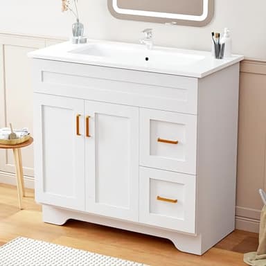 LDarqeer 36-Inch Bathroom Vanity (with Sink) - Wooden Vanity with Sink, Home-Use Bathroom Vanity with Sink, Equipped with 2 Drawers and a Spacious Storage Compartment (Easy Installation, White)