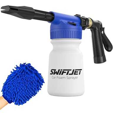 SwiftJet Car Wash Foam Gun + Microfiber Wash Mitt - Foam Cannon Works with Any Soap - Garden Hose Car Foam Sprayer - Car Wash Kit - Car Accessories Foam Blaster (Blue Foam Gun with Mitt)