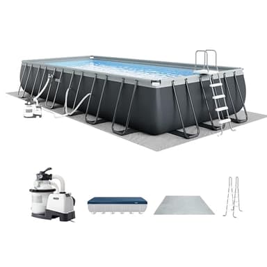 INTEX Ultra XTR 24 ft x 12 ft 52 in Above Ground Pool Set, Rectangular Swimming Pool with Steel Frame, 2100 GPH Sand Filter Pump, Ladder, Cover, & Ground Cloth