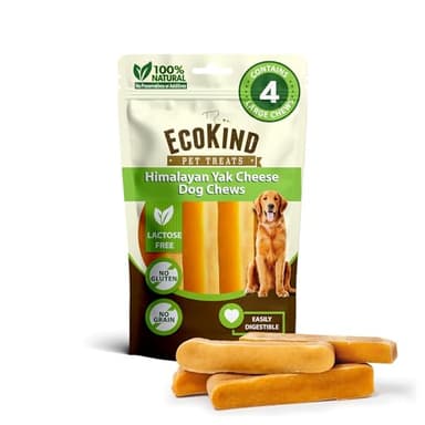 EcoKind Yak Cheese Himalayan Dog Chews, Yak Chews for Large Dogs, Long Lasting Bone for Aggressive Chewers, 3 Ingredients, Natural High Protein Treats, No Additives, Lactose Free, Large - 4 Pack