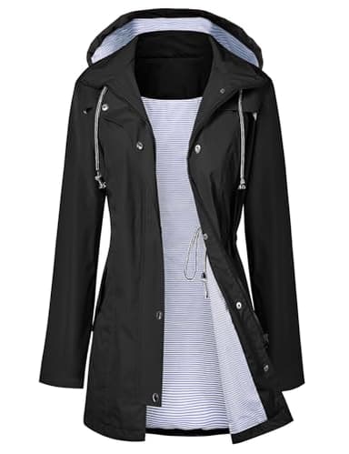 LOMON Women Rain Jacket Belted Adjustment Hooded Long Lightweight Packable Outerwear Waterproof Breathable Cotton Lined Raincoat Black M