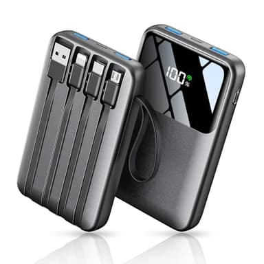 Power Bank, 15000mAh Portable Charger with Built in Cable, 22.5W Fast Charging, 6 Outputs, Slim Travel Essential Battery Pack with LED Display, Compatible with iPhone 17/16/15/14/13, iPad Black