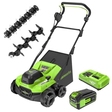 Greenworks 40V 15-Inch 2-in-1 Dethatcher & Scarifier, 5.0Ah Battery & Rapid Charger Included, Brushless Motor, 5-Position Depth Adjustment