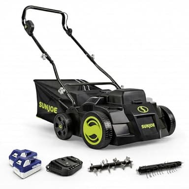 Sun Joe Cordless Scarifier & Dethatcher w/ 5 Depth Positions & 600W Brushless Motor, 15-Inch Cutting Width - Heavy-Duty Yard Trimmer, Lawn Maintenance, 24V-X2-DTS15