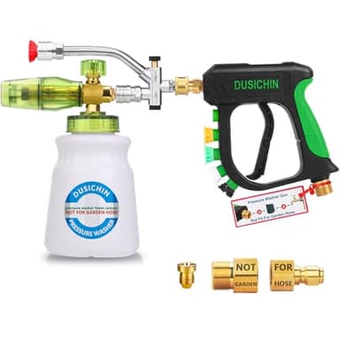 DUSICHIN Pressure Washer Gun Foam Cannon Dual Connector Shift Valve, Car Wash Foam Cannon Kit 1/4 Inch Quick Connector 5 Pressure Washer Nozzle Tips Build-in Design Work with A Pressure Washer DUS2703