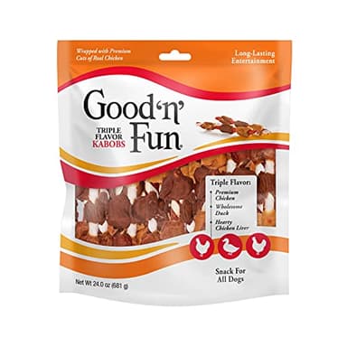 Good ‘n’ Fun Triple Flavor Kabobs Chews for All Dogs, 24 Ounces, Treat Your Dog to Long-Lasting Chews Made from Beef Hide, Real Chicken, Pork Hide, Duck and Chicken Liver