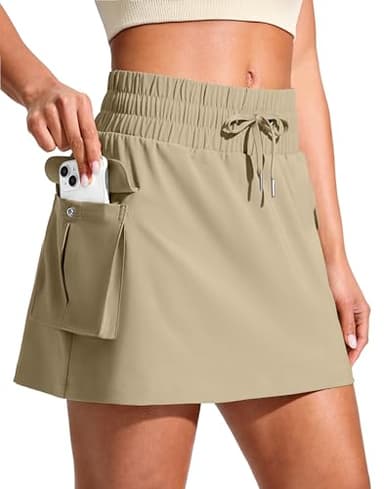 SANTINY 14" Cargo Skorts for Women with 4 Pockets Drawstring High Waisted Golf Hiking Skirt for Casual Summer Travel (Khaki_M)