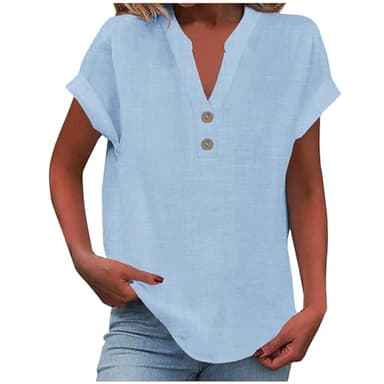 amaon Prime Linen Shirts for Women 2024 Summer Short Cap Sleeve Half Button V Neck Tunic Tops Trendy Casual Cotton Lounge Blouses hot Deals of The Day Clearance Coupons and Promo Codes Light Blue
