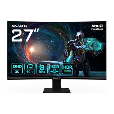 Gigabyte GS27QCA 27" Curved Gaming Monitor QHD - 2560 x 1440, 180Hz, 1ms, 250CD/m², FreeSync, HDR Ready, HDMI 2.0, DisplayPort 1.4