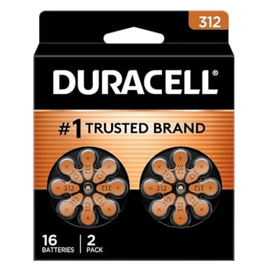 Duracell Hearing Aid Batteries Size 312, Brown, 16 Count (Pack of 1), Long-lasting Power, Extra-long EasyTab Install