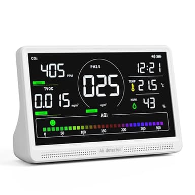 Fil-Fresh 16 in 1 Air Quality Monitor Indoor, CO2 Monitor Air Quality Tester with 9 Display+7 AQI Alerts for CO2, TVOC, HCHO, PM2.5, PM1.0, PM10, Time, Temperature, Humidity Meter, 7" Large Display