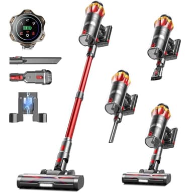 Cordless Vacuum Cleaner, 650W/55KPa 70Mins Vacuum Cleaners for Home, Self-Standing Stick Vacuum with Anti-Tangle Brush & OLED Touch Screen, Vacuum Cleaner for Hardwood Floors,Carpet,Pet Hair,Car (Red)