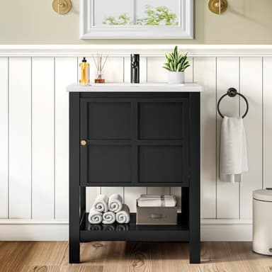 ELEVACHIC 24 Inch Bathroom Vanity with Sink, Small Farmhouse Freestanding Bathroom Cabinet Combo Set, Soft Closing Door and Open Storage Shelf, Black