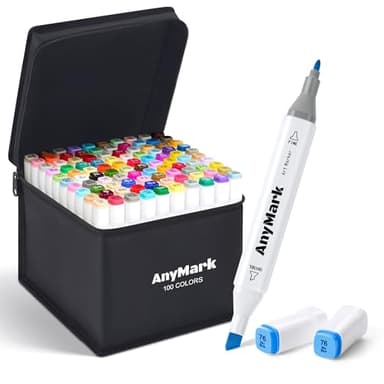 AnyMark Alcohol Markers, 100 Colors Dual Tip Art Coloring Markers Set for Adult Book Drawing Sketching Painting, Chisel & Fine, White Penholder