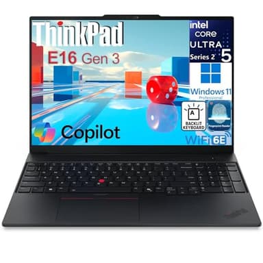 Lenovo ThinkPad E16 Gen 3 Business Laptop, Enterprise Ready, Intel Ultra 5 225H, 16GB DDR5, 1TB NVMe SSD, 16" FHD+ IPS, WiFi 6E, Fingerprint Reader & Backlit Keyboard, Windows 11 Pro, Jet Black