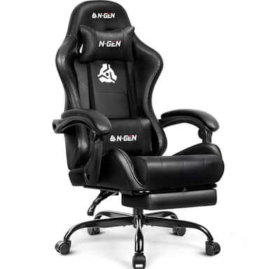 N-GEN GAMING Video Gaming Chair with Footrest Lumbar Support for Home Office High Back Recliner Height Adjustable Ergonomic Comfy Leather Computer Desk Chair (Black)