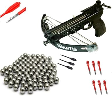 60lbs Mantis Compound Pistol Crossbow. Shoots Steel Balls and Regular Arrows. Featuring Fishing Spool and 15 Ball Magazine Includes 20 BBS, 3 Fishing and 3 Regular Bolts and 6 Short Bolts