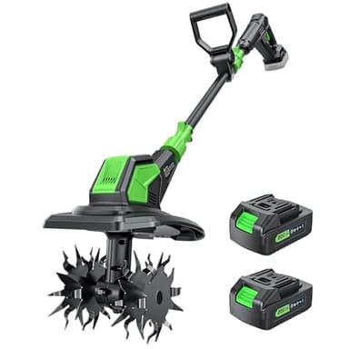 20V Battery Powered Tiller with 2 x 2.0Ah Batteries & Charger, 9-Inch Wide & 6.6-Inch Deep Cordless Garden Cultivator, 360RPM Steel Tines Electric Tiller for Soil Cultivation, Lawn and Gardening