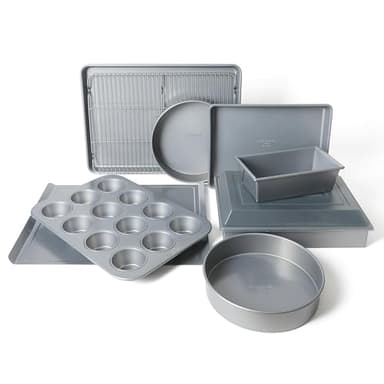 Calphalon Titan 10-Piece Baking Pan Set, Steel Core Bakeware PFA-Free Nonstick Coating, Oven Safe, Includes Sheet Pans, Muffin Pan, Round Cake Pans, Loaf Pan and Cooling Rack, Silver