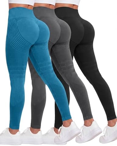 Coume 3 Pack Women Anti Cellulite 3D Leggings Butt Lifting Compression Legging High Waisted Tummy Control Gym Yoga Pants(Large,Large,Black/Dark Gray/Blue)